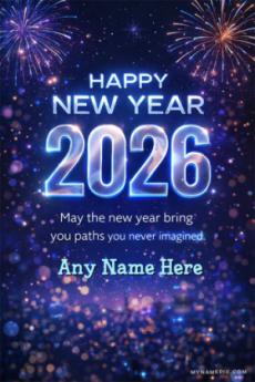 Happy New Year 2026 Fireworks wish card blue with name