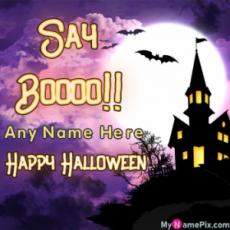 Say Booo!! Happy Halloween Wish Card With Name