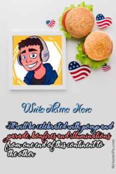 USA Independence Day Beautiful Burger Frame Wish Card With Name and Photo