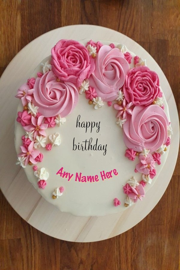 Beautiful Pink FLowered Birthday Cake With Name