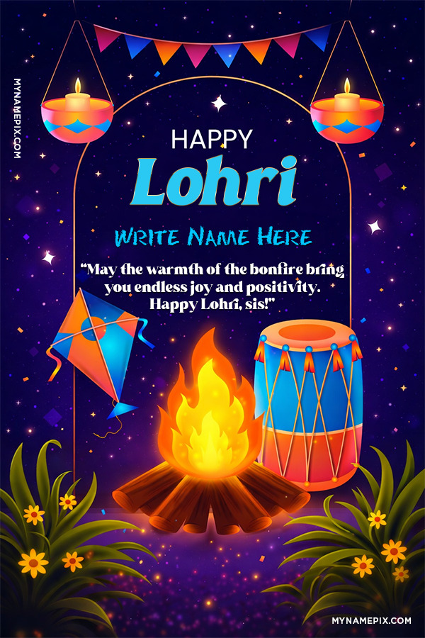 Elegant Festive Happy Lohri Name Card with Quote