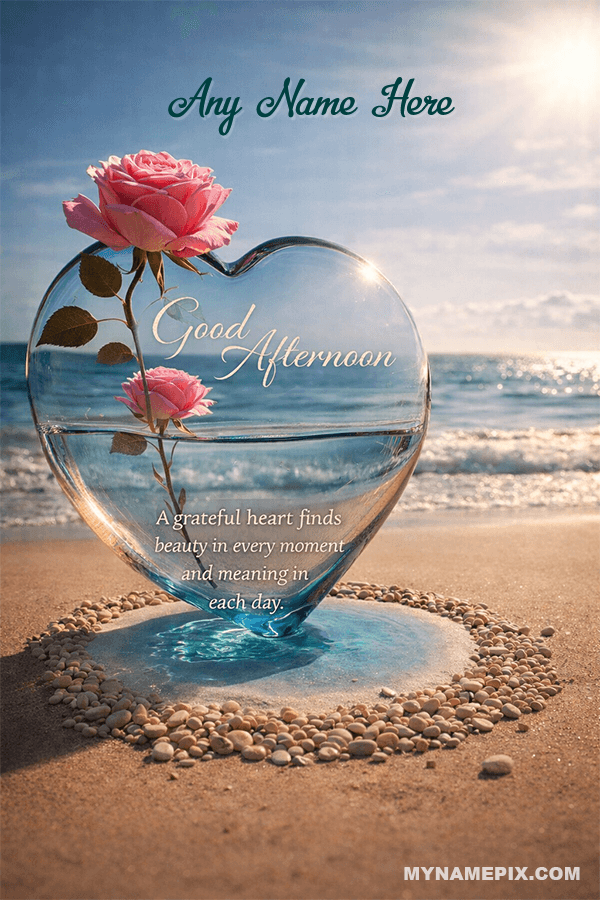 Create Personalized Write Name on Good Afternoon Heart Shape Beach Sand Card with Name & Photo | Free Online Wishes Good Afternoon Maker | mynamepix