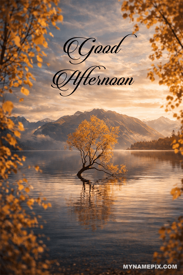 Create Personalized Good Afternoon Wishes Card with Autumn Lake View &ndash; Nature Greeting Image with Name & Photo | Free Online Wishes Good Afternoon Maker | mynamepix