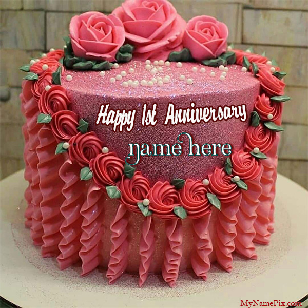 Happy 1st Anniversary Pink Cake With Name