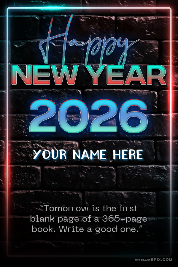 Happy New Year 2026 Neon Lights Quote Card With Name