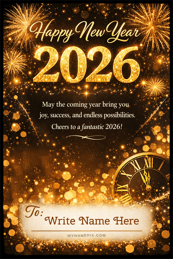 Happy New Year Golden 2026 wish card with name