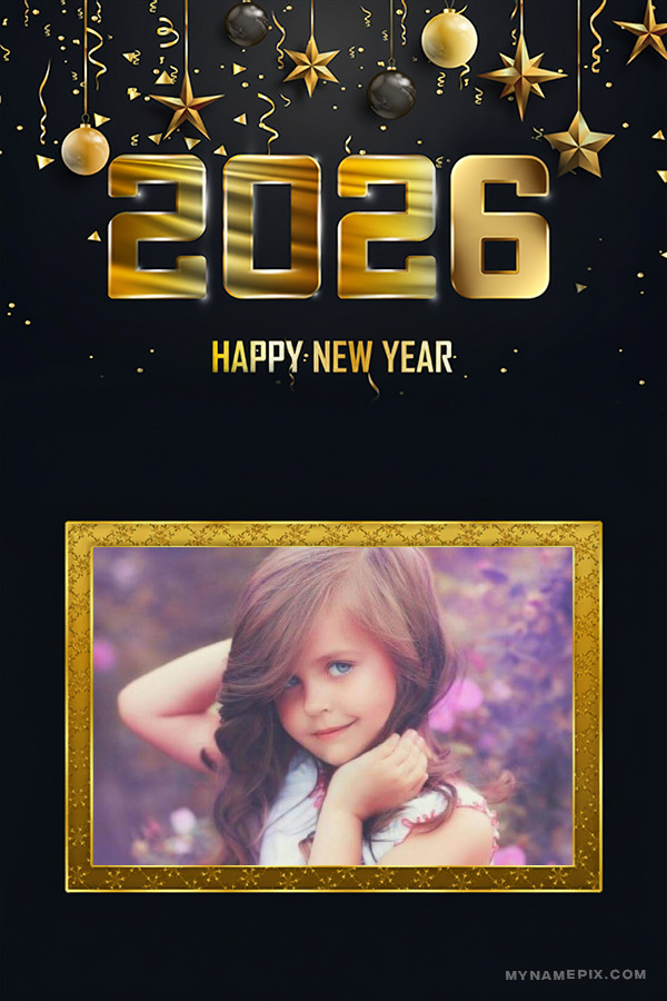 Happy New Year Golden Frame Wish Card With Photo