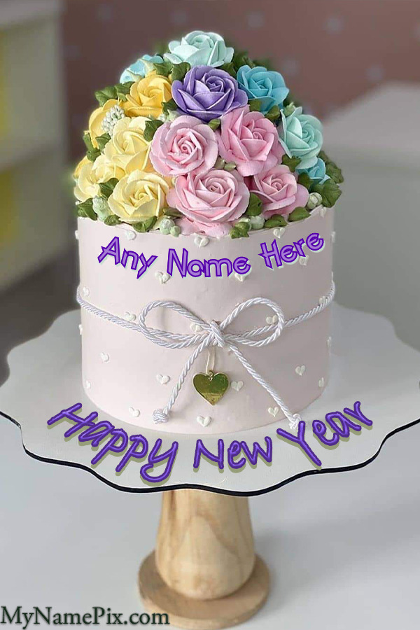 Happy New Year White Cake Beautiful Flowers With  Name