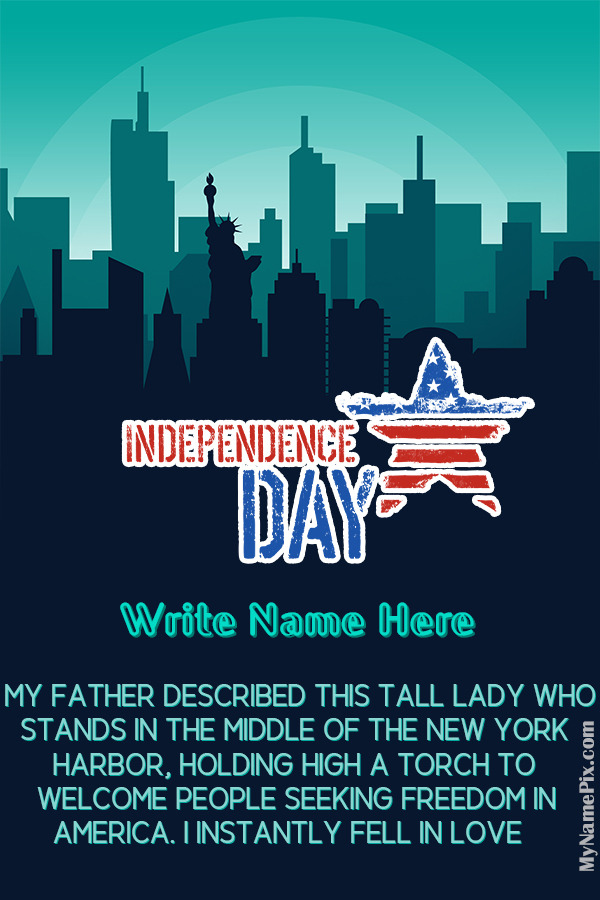 Independence Day USA Beautiful Skyline New York Quote Wish Card With Name