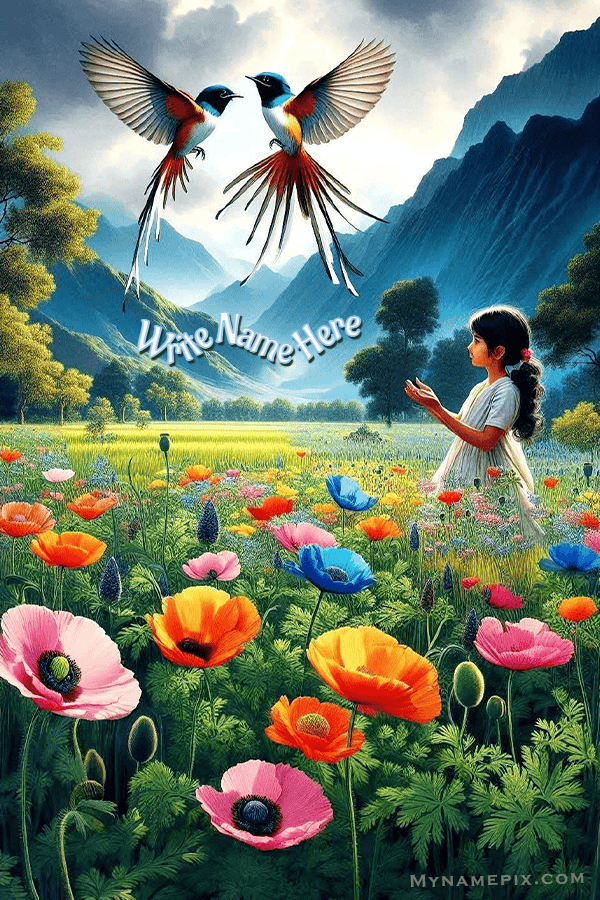 Cute girl with Birds customizable colorful cards for DP | march | happy | MyNamePix