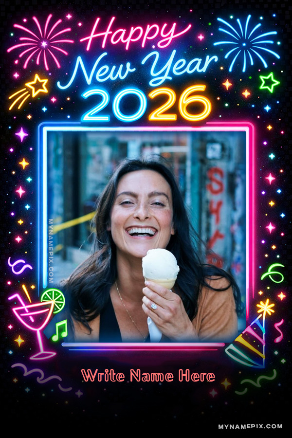 Modern Happy New Year 2026 Custom Name and Photo Greeting Neon