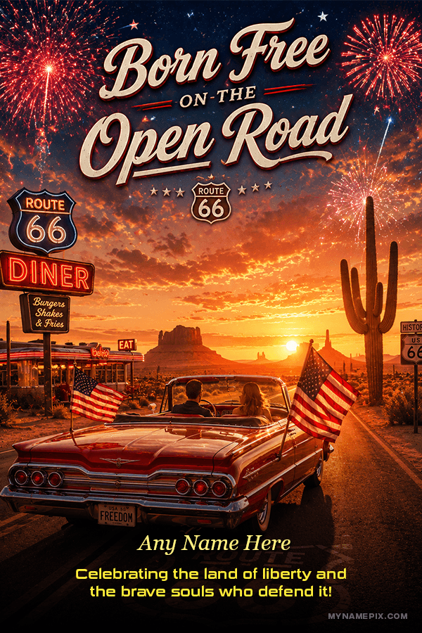 Create Personalized A Sky Full of Freedom Route 66 4th of July Wish Card with Name and Quote | whats new | july | MyNamePix with Name & Photo | Free Online Events USA Independence Day Wishes Maker | mynamepix