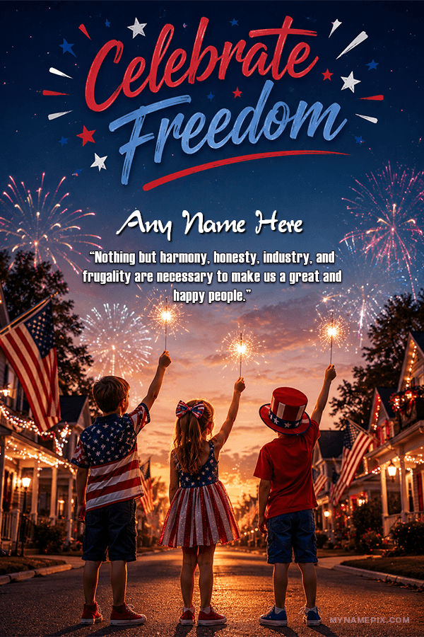 Create Personalized Kids Independence Day Banner with Name and Quote | whats new | july | MyNamePix with Name & Photo | Free Online Events USA Independence Day Wishes Maker | mynamepix