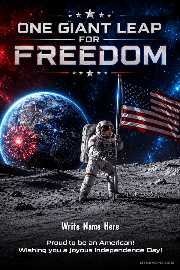 Create Personalized Stars, Freedom, and Glory Moon Landing Independence Day Banner with Name and Quote | whats new | july | MyNamePix with Name & Photo | Free Online Events USA Independence Day Wishes Maker | mynamepix