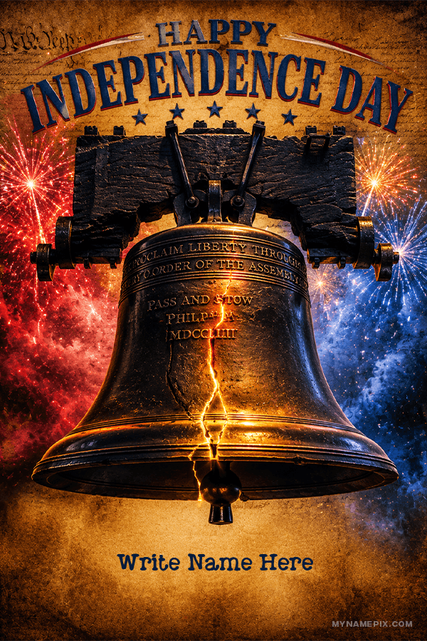 Create Personalized United by Freedom Bell 4th of July Wish Card with Name | whats new | july | MyNamePix with Name & Photo | Free Online Events USA Independence Day Wishes Maker | mynamepix