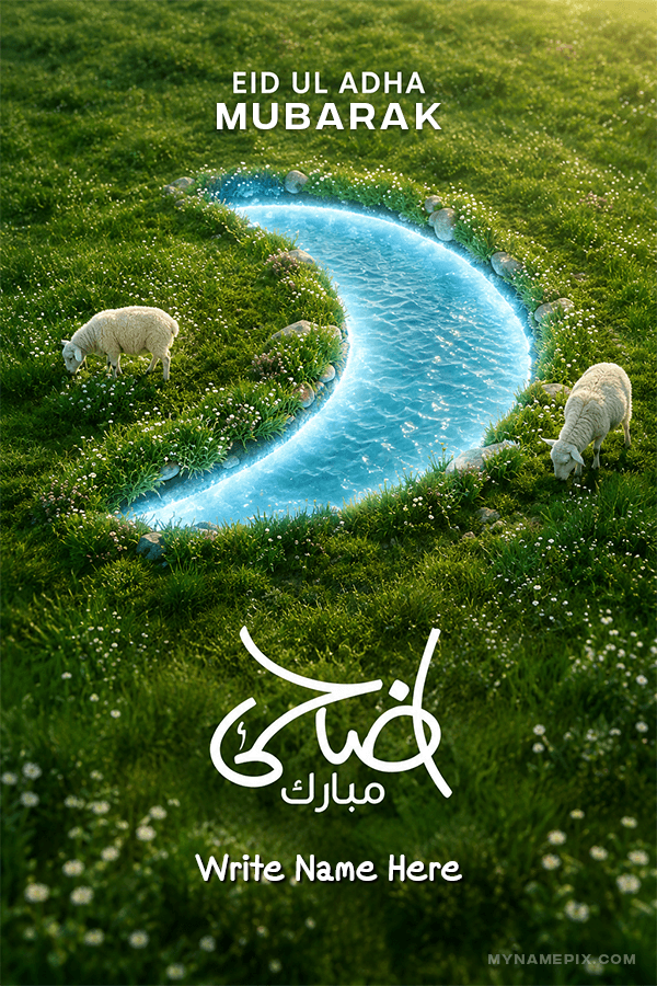 Create Personalized Custom Name Eid ul Adha Mubarak Social Media Banner Grassy with Name | whats new | trending | MyNamePix with Name & Photo | Free Online Events Eid ul Adha Wishes Maker | mynamepix